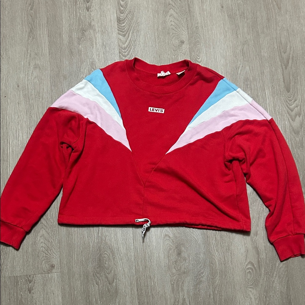 Levi's Red Crop Crew Neck Sweater with Blue and Pink Accents